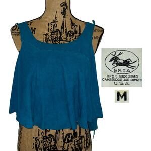 80s ERDA Deerskin Suede Crop Top Blue Size Medium Vintage Babydoll Boho Hippie